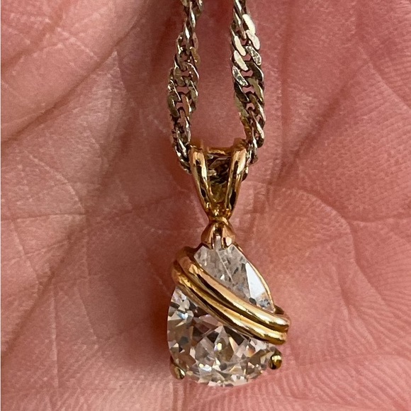 A 10K Vermeil Banded Teardrop Cut CZ Pendant On a Gold Washed Silver Necklace - Picture 3 of 8